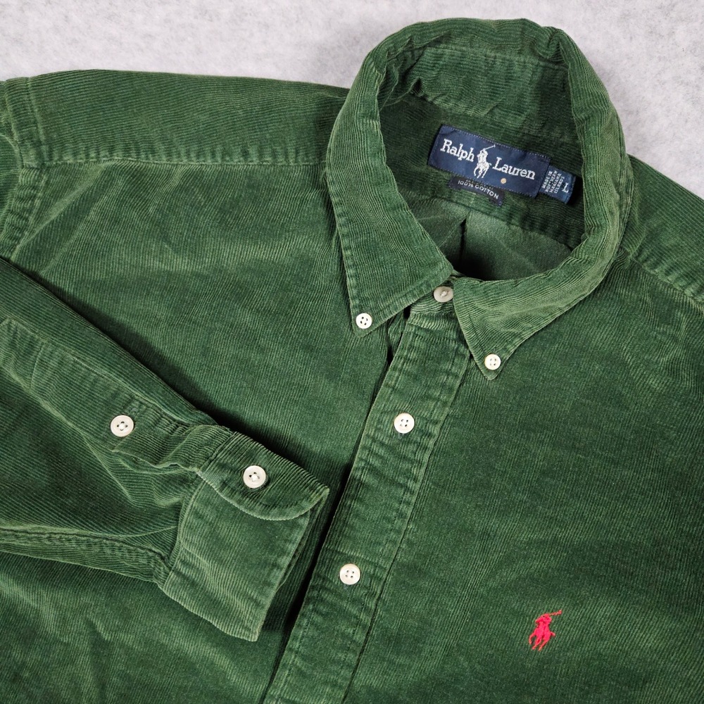 Vintage Ralph Lauren Mens Large Green Button Down Blaire Corduroy Shirt Red Pony